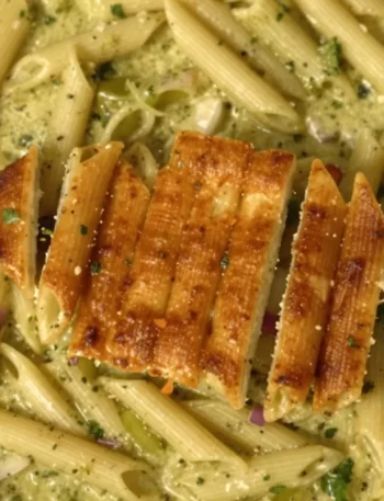 One-pot creamy pesto pasta dish garnished with fresh basil