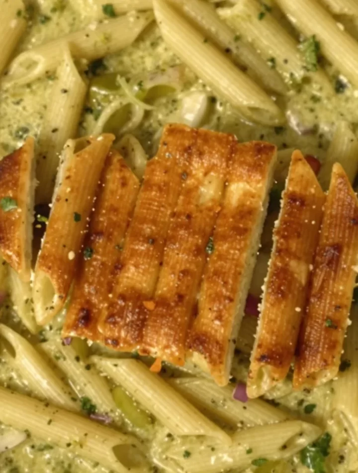 One-pot creamy pesto pasta dish garnished with fresh basil