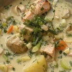 One-Pot Creamy Salmon Soup with Dill, Potatoes and Leeks in a bowl