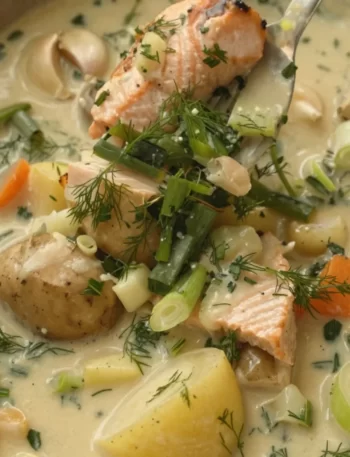 One-Pot Creamy Salmon Soup with Dill, Potatoes and Leeks in a bowl