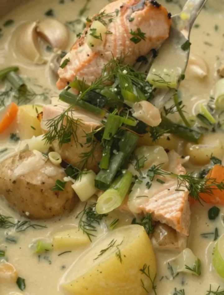 One-Pot Creamy Salmon Soup with Dill, Potatoes and Leeks in a bowl