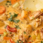 One-pot creamy Tuscan chicken soup in a bowl, garnished with herbs.