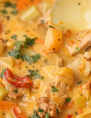 One-pot creamy Tuscan chicken soup in a bowl, garnished with herbs.