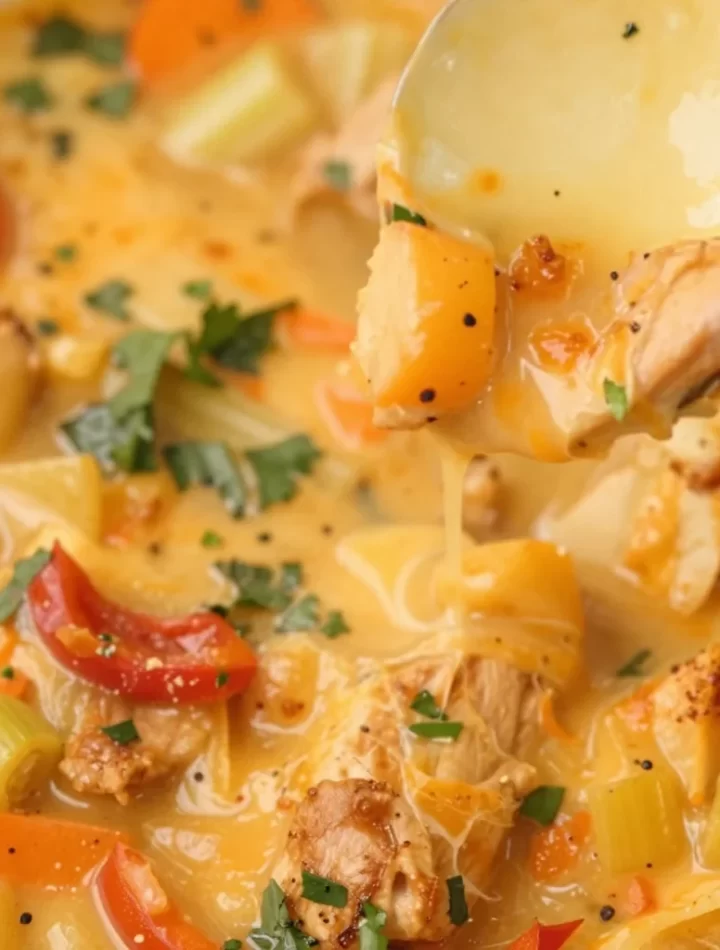 One-pot creamy Tuscan chicken soup in a bowl, garnished with herbs.