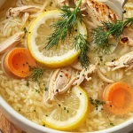 One-pot Greek lemon chicken soup with fresh lemon slices and herbs