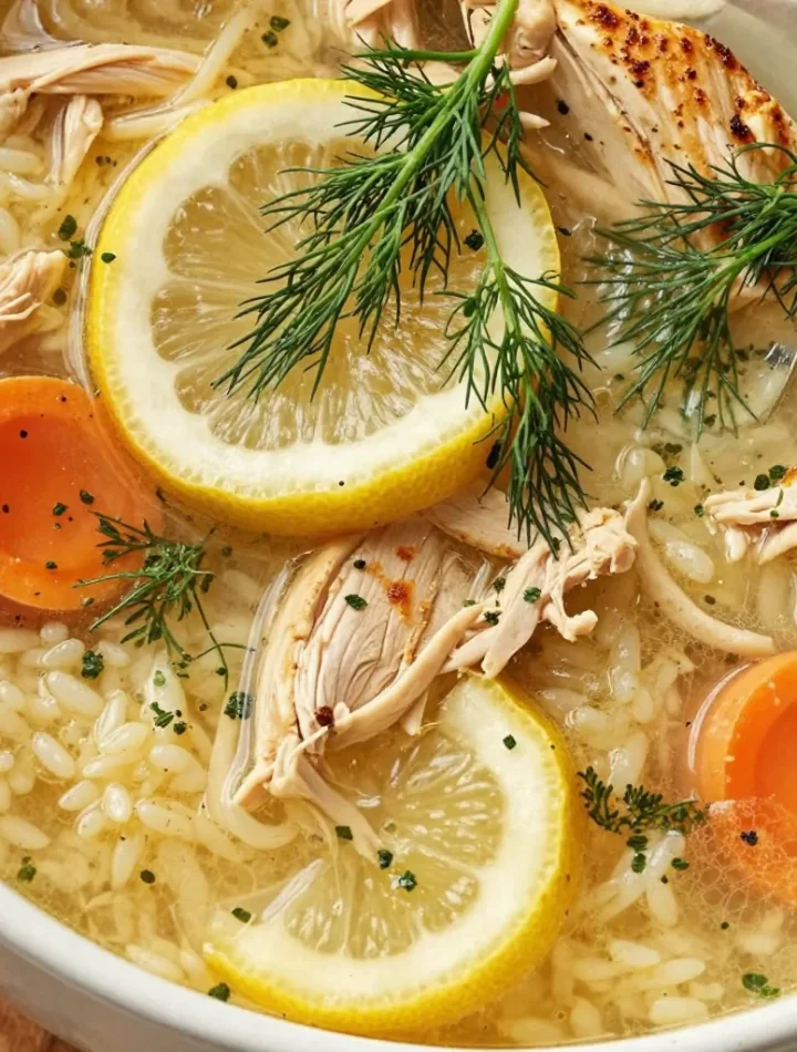One-pot Greek lemon chicken soup with fresh lemon slices and herbs