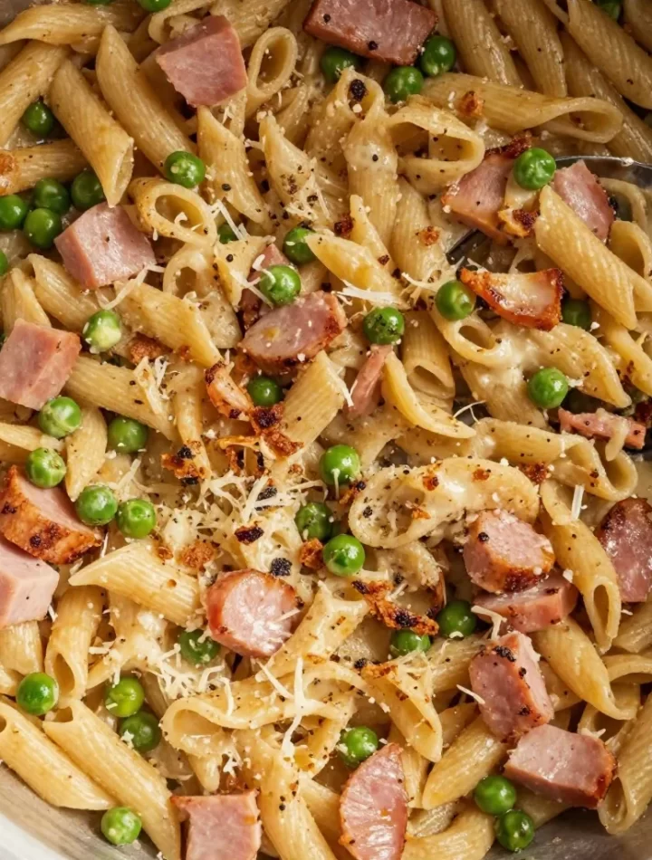 One-Pot Ham and Pea Pasta dish garnished with herbs