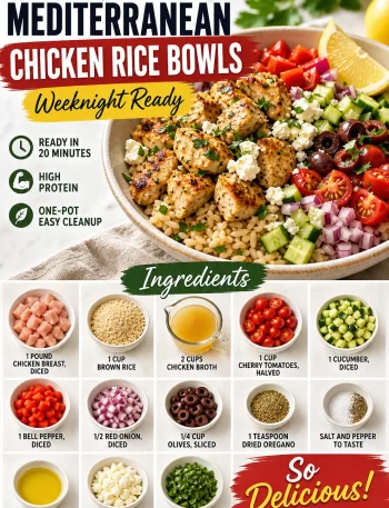 One-Pot Mediterranean Chicken Rice Bowls with fresh vegetables and herbs