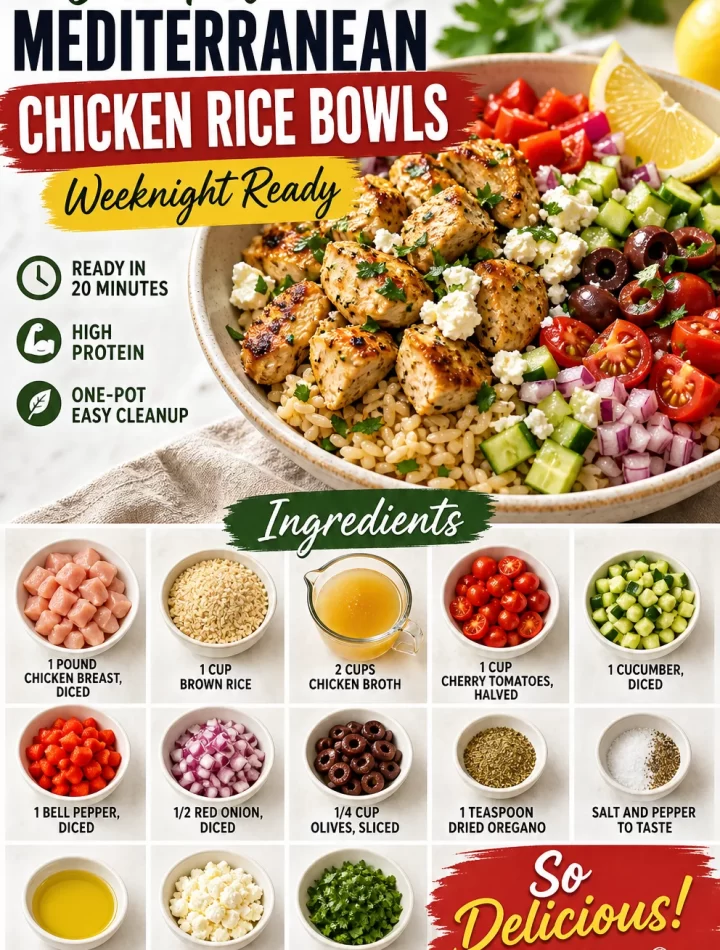 One-Pot Mediterranean Chicken Rice Bowls with fresh vegetables and herbs