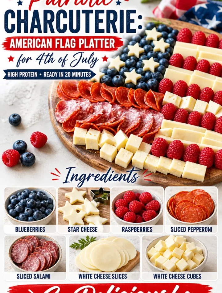 Patriotic charcuterie featuring an American Flag Platter for July 4th celebrations.