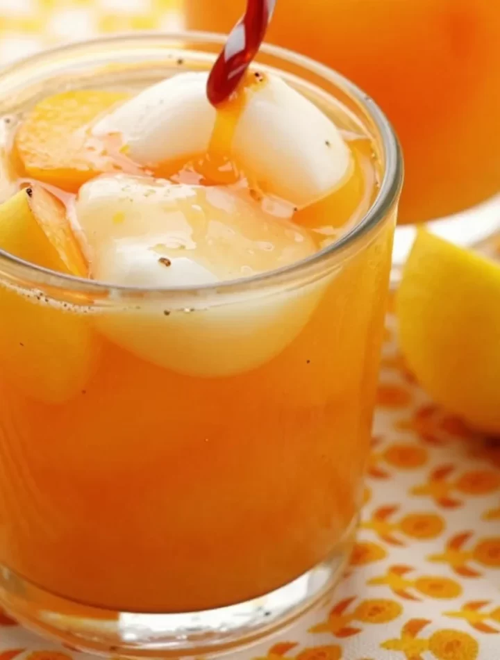 Refreshing Peach Lemonade in a glass with fresh peaches and lemons