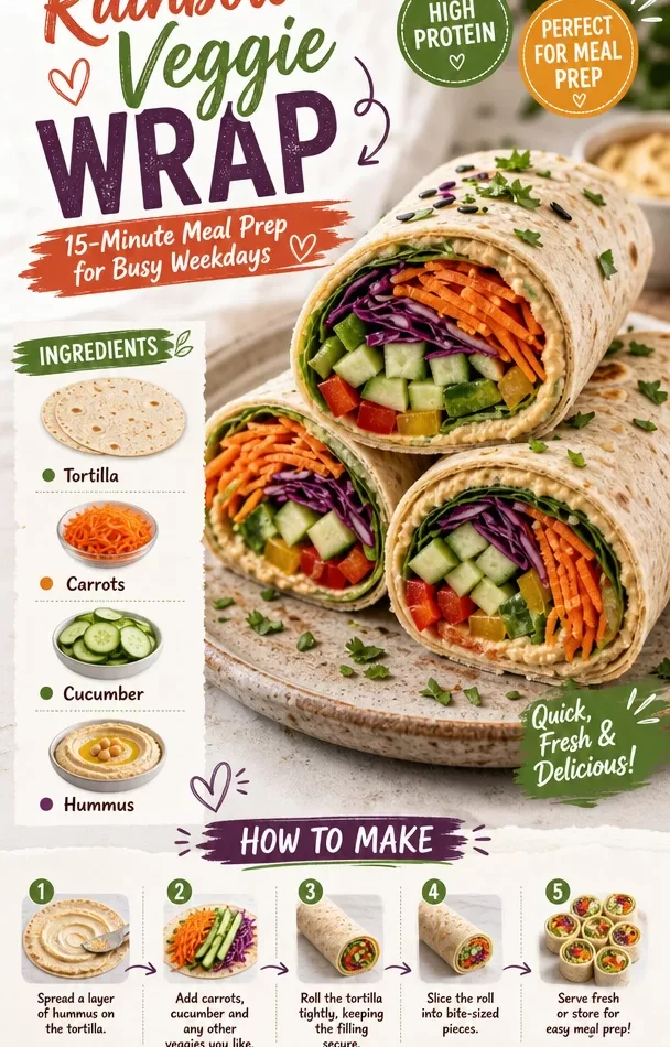 Colorful Rainbow Veggie Wrap prepared for quick and healthy weekday meals