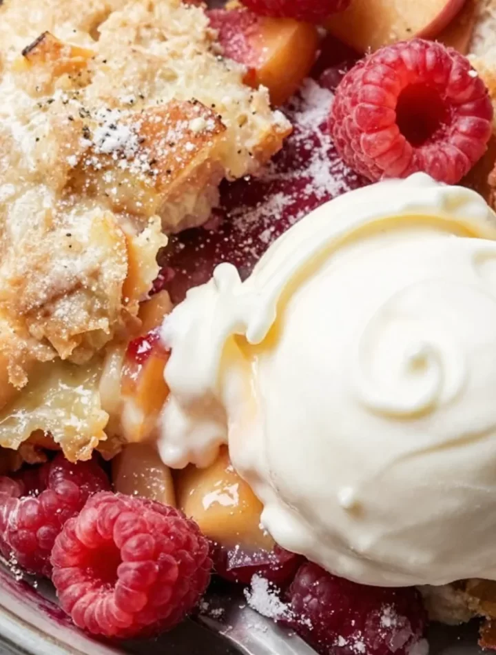 Delicious Raspberry Ripple Peach Cobbler topped with fresh raspberries and golden crust.