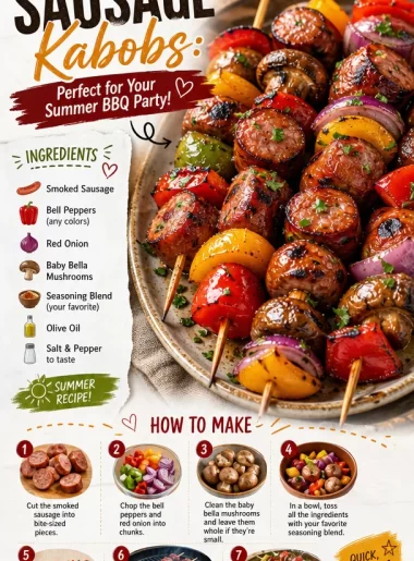 Delicious sausage kabobs grilled for a summer BBQ party