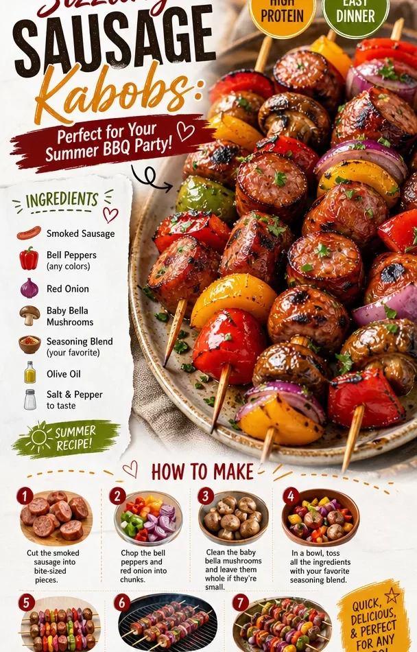 Delicious sausage kabobs grilled for a summer BBQ party