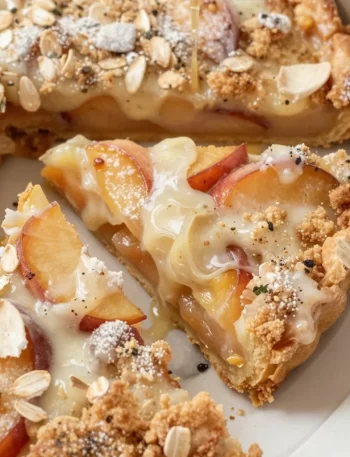 Delicious summer nectarine crumb tart with golden crumb topping