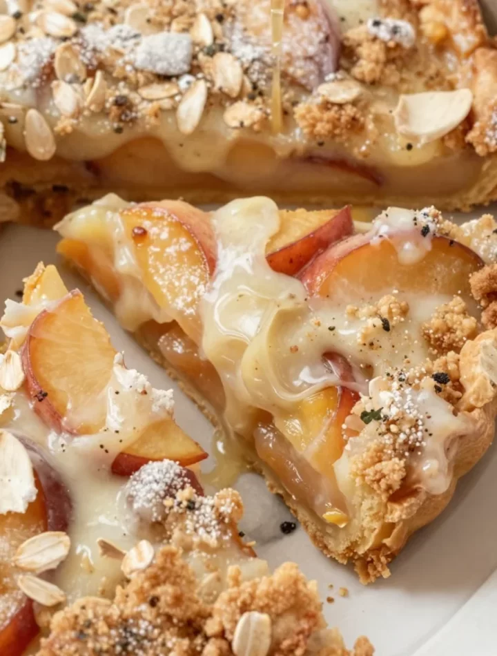 Delicious summer nectarine crumb tart with golden crumb topping