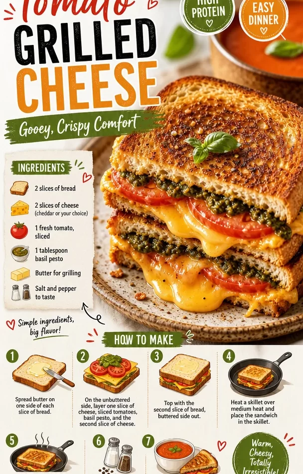 Delicious Tomato Grilled Cheese sandwich with crispy edges and gooey cheese