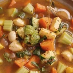 A bowl of colorful vegetable soup with fresh vegetables and herbs