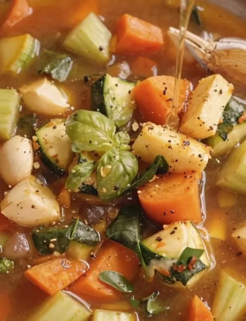 A bowl of colorful vegetable soup with fresh vegetables and herbs