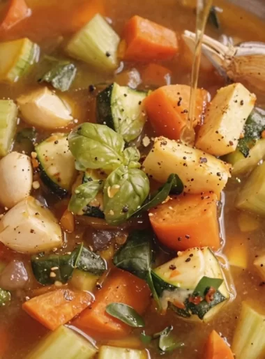 A bowl of colorful vegetable soup with fresh vegetables and herbs