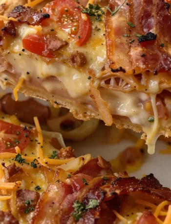 Crispy bacon onion tomato pie served in a one-pan dish for weeknight dinners.