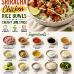 Honey Sriracha Chicken rice bowls with creamy lime sauce
