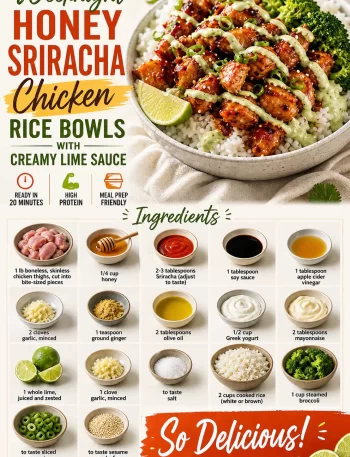 Honey Sriracha Chicken rice bowls with creamy lime sauce