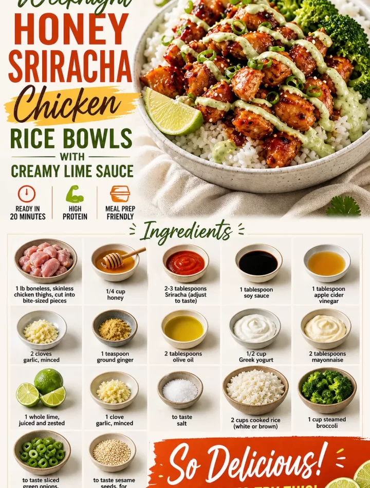 Honey Sriracha Chicken rice bowls with creamy lime sauce