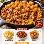 BBQ Mac and Cheese Tot Skillet topped with crispy tots and melted cheese