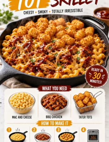 BBQ Mac and Cheese Tot Skillet topped with crispy tots and melted cheese