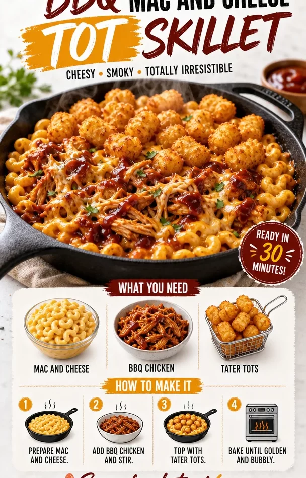 BBQ Mac and Cheese Tot Skillet topped with crispy tots and melted cheese