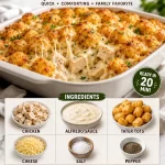 Chicken Alfredo Tater Tot Casserole served in a baking dish