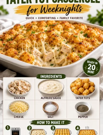 Chicken Alfredo Tater Tot Casserole served in a baking dish