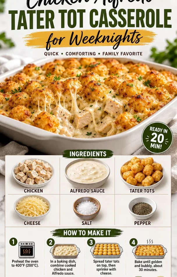 Chicken Alfredo Tater Tot Casserole served in a baking dish