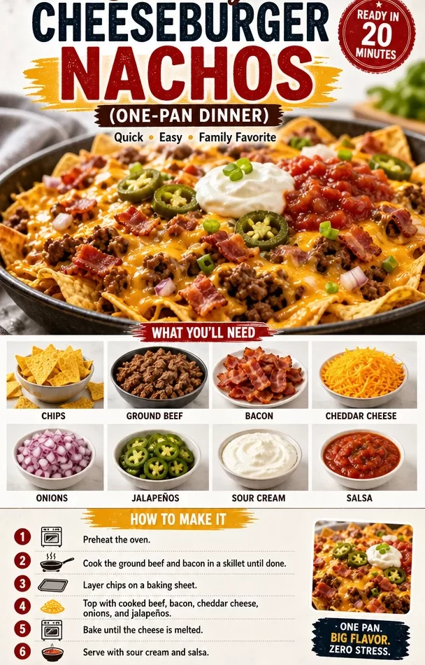 Delicious Cowboy Cheeseburger Nachos served in a pan with toppings.