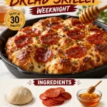 Crispy gooey hot honey pepperoni bread skillet ready to serve