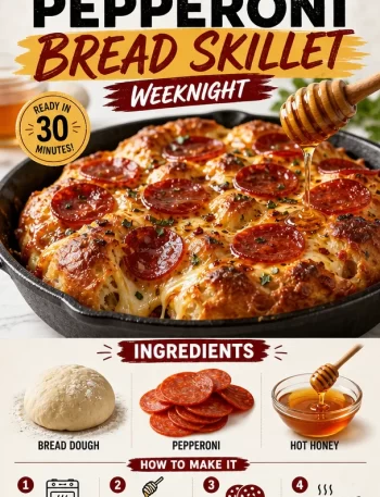 Crispy gooey hot honey pepperoni bread skillet ready to serve