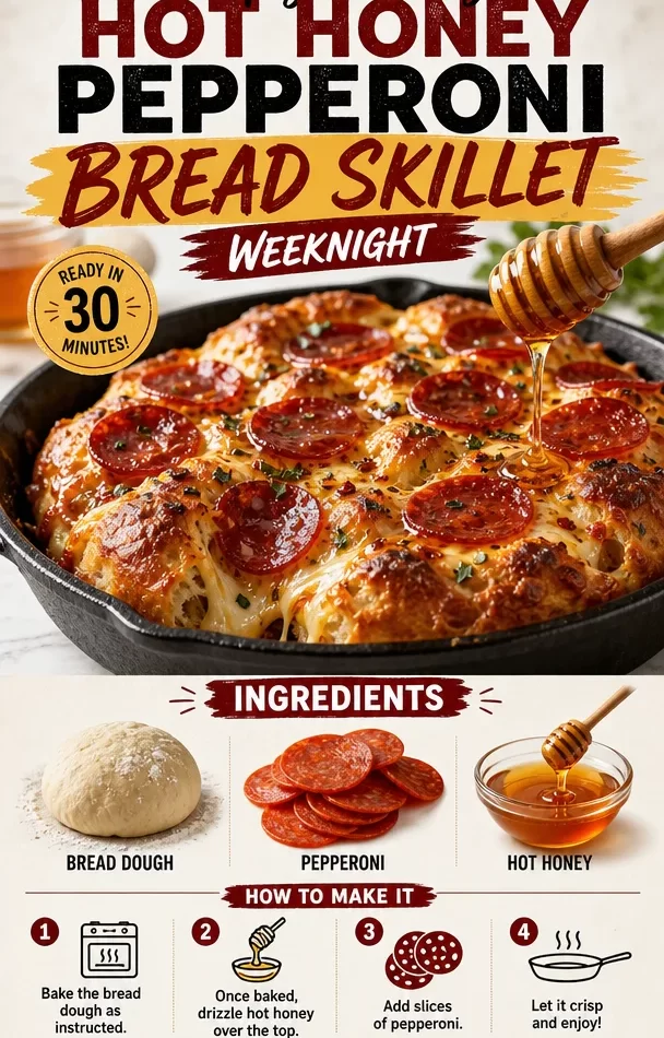 Crispy gooey hot honey pepperoni bread skillet ready to serve