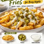 Crispy loaded pickle fries topped with ranch dressing in a bowl