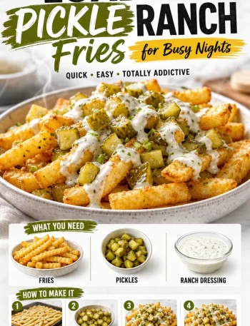 Crispy loaded pickle fries topped with ranch dressing in a bowl