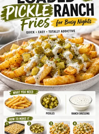 Crispy loaded pickle fries topped with ranch dressing in a bowl