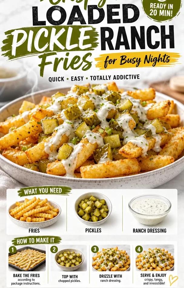 Crispy loaded pickle fries topped with ranch dressing in a bowl