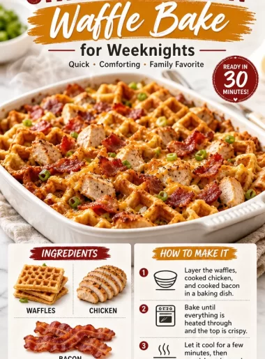 Crispy One-Pan Chicken Bacon Waffle Bake served on a plate