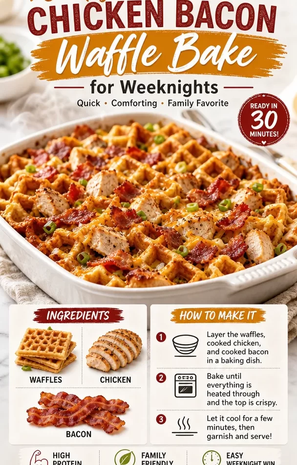 Crispy One-Pan Chicken Bacon Waffle Bake served on a plate