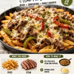 Crispy Philly cheesesteak fries topped with garlic and cheese in a one-pan dinner.