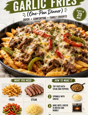 Crispy Philly cheesesteak fries topped with garlic and cheese in a one-pan dinner.