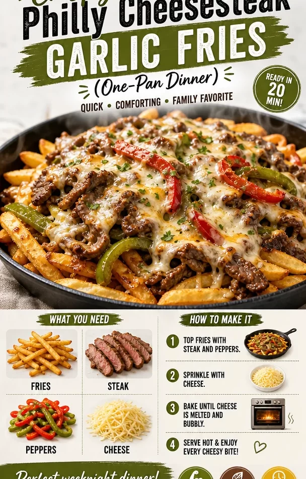 Crispy Philly cheesesteak fries topped with garlic and cheese in a one-pan dinner.