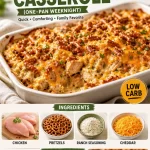 Crispy Ranch Pretzel Chicken Casserole in a baking dish, garnished and ready to serve.