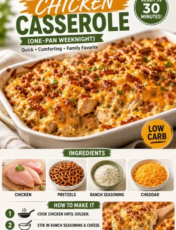 Crispy Ranch Pretzel Chicken Casserole in a baking dish, garnished and ready to serve.